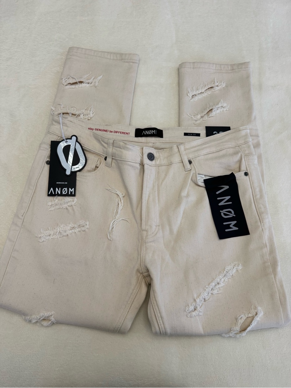 Men's Slim Straight Distressed Beige Jeans